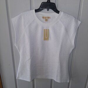 Michael Kors Women's White Logo Jacquard Cap Sleeve Top NWT Sz L